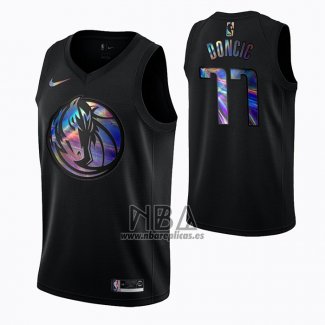 Camiseta Dallas Mavericks Luka Doncic NO 77 Iridescent Logo Negro