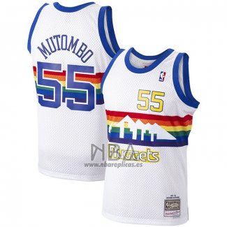 Camiseta Denver Nuggets Dikembe Mutombo NO 55 Hardwood Classics Throwback Blanco